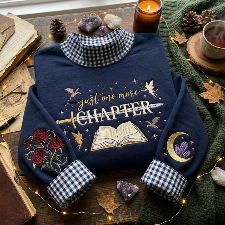 Just One More Chapter Gingham Mock Neck HFN Sweatshirt, Embroidered Book Lover Crewneck, Fantasy Reader Gift