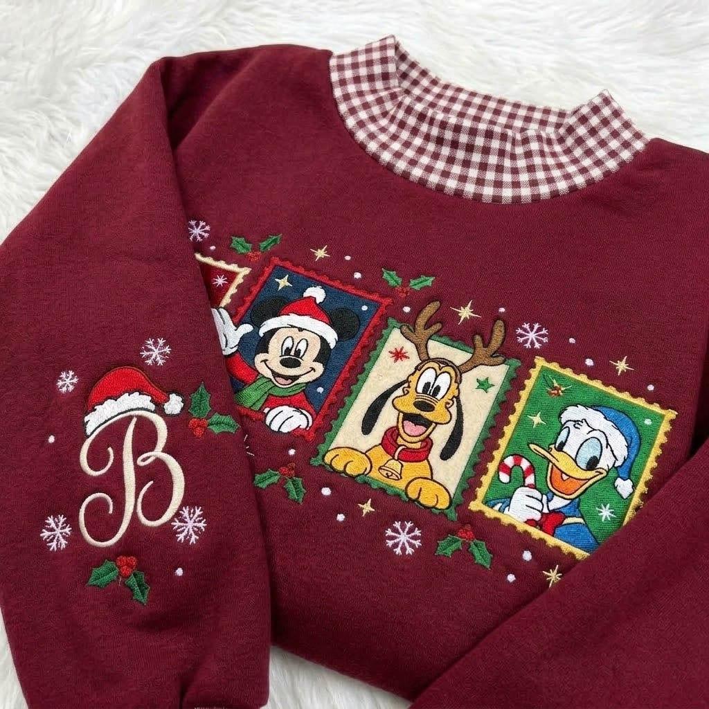 Christmas Character Embroidered Gingham Mock Neck HFN Sweatshirt, Holiday Postage Stamp Crewneck