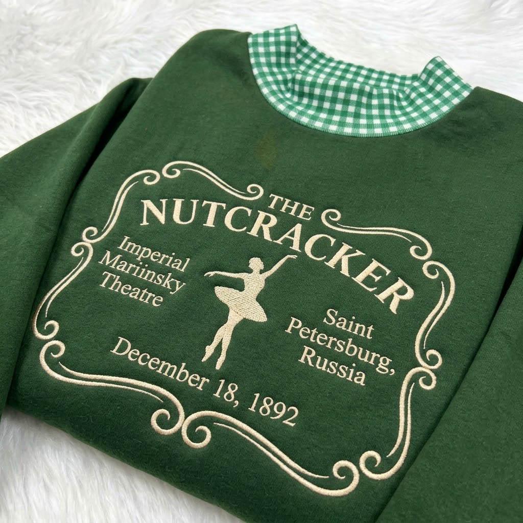 The Nutcracker Gingham Mock Neck HFN Sweatshirt, Vintage Ballet Embroidered Christmas Sweater, Classic Holiday Theatre Crewneck