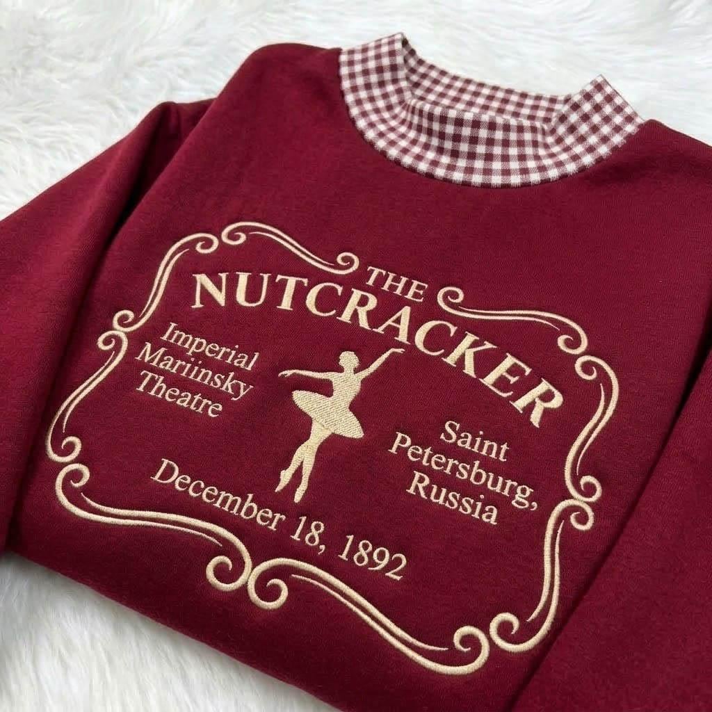 The Nutcracker Gingham Mock Neck HFN Sweatshirt, Vintage Ballet Embroidered Christmas Sweater, Classic Holiday Theatre Crewneck