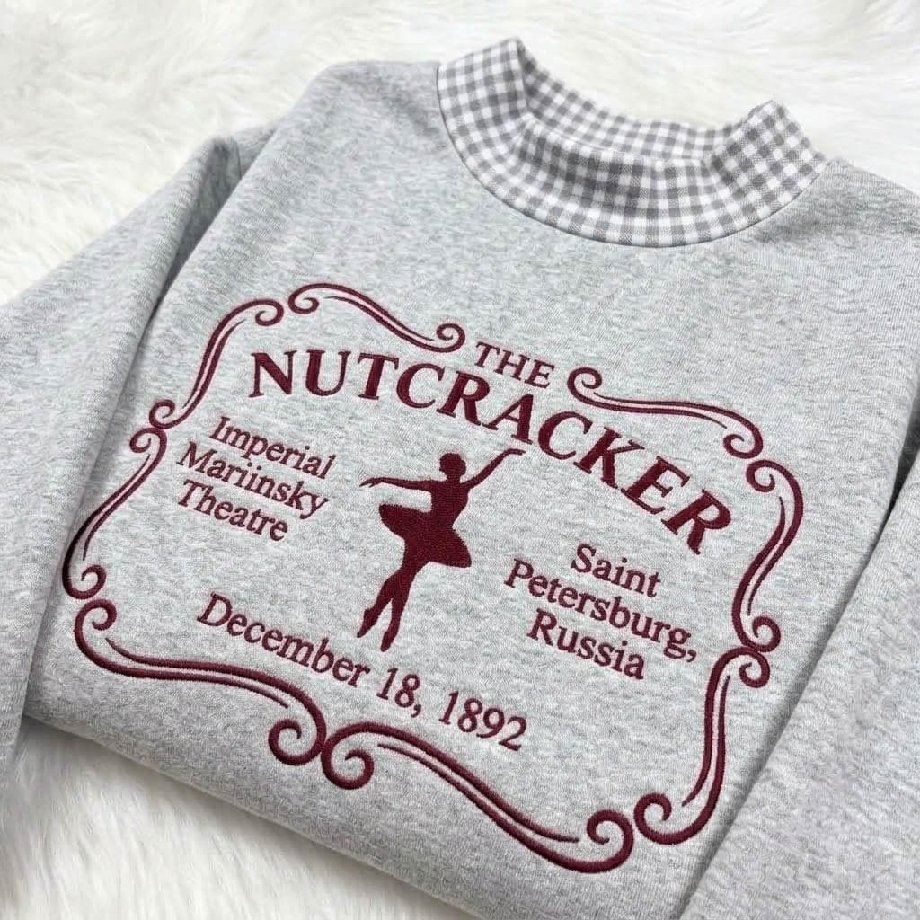The Nutcracker Gingham Mock Neck HFN Sweatshirt, Vintage Ballet Embroidered Christmas Sweater, Classic Holiday Theatre Crewneck