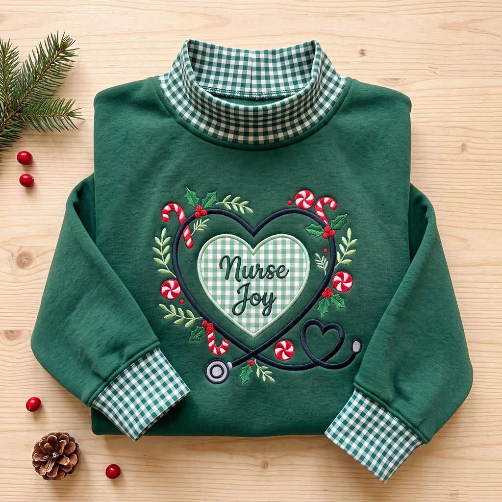 Christmas Nurse Gingham Mock Neck HFN Sweatshirt, Nurse Joy Embroidered Sweater, Stethoscope Heart Holiday Nurse Gift