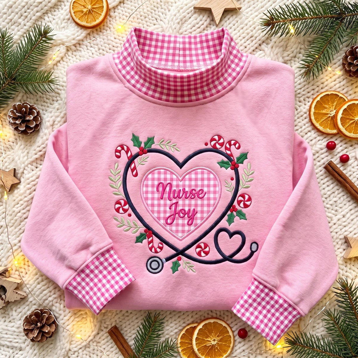 Christmas Nurse Gingham Mock Neck HFN Sweatshirt, Nurse Joy Embroidered Sweater, Stethoscope Heart Holiday Nurse Gift