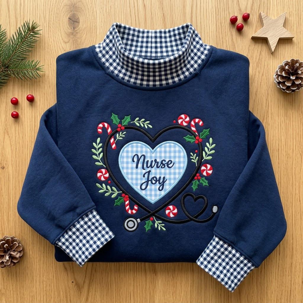 Christmas Nurse Gingham Mock Neck HFN Sweatshirt, Nurse Joy Embroidered Sweater, Stethoscope Heart Holiday Nurse Gift