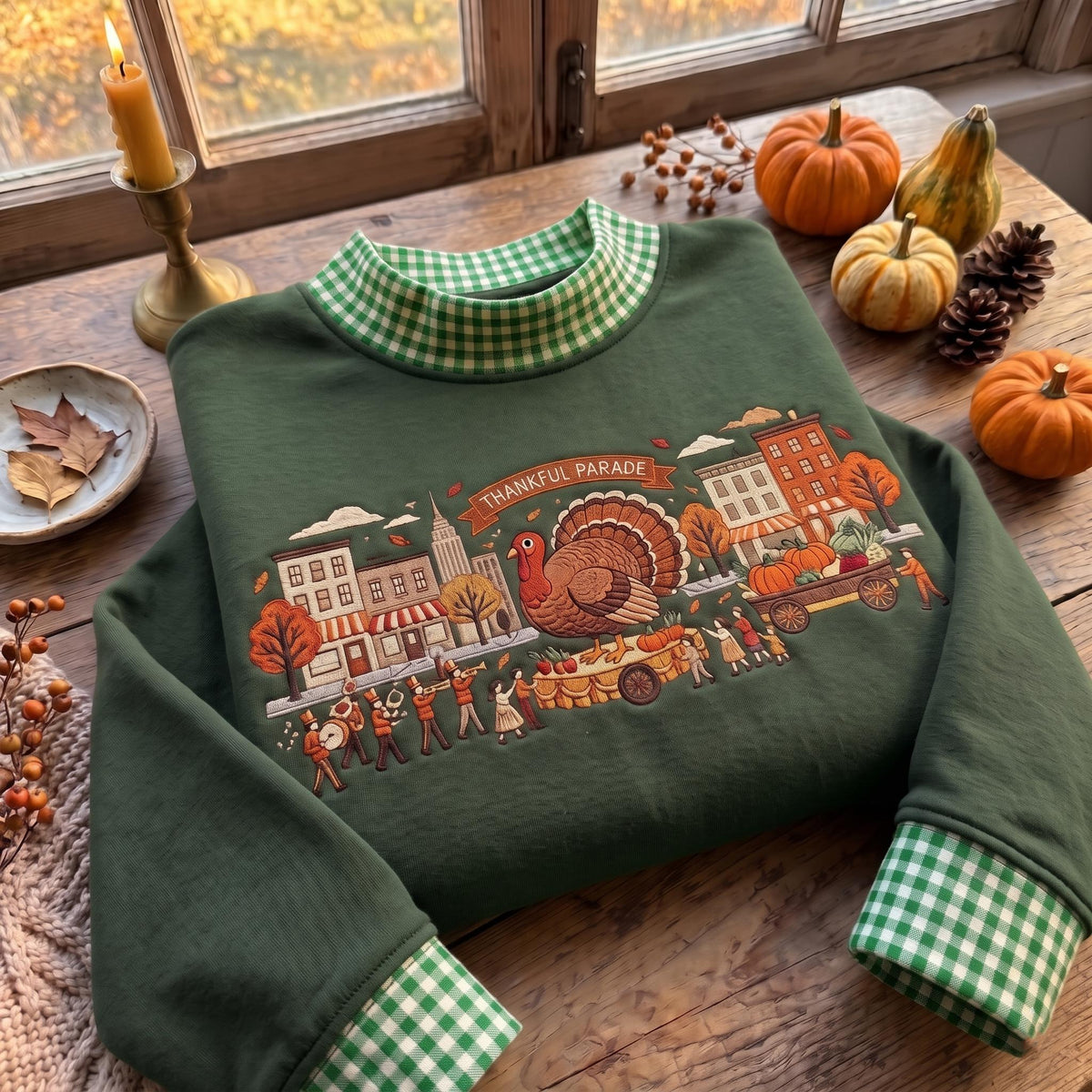 Thanksgiving Turkey Gingham Mock Neck HFN Sweatshirt, Cute Fall Parade Embroidered Sweater, Green Checkered Collar Holiday Pullover