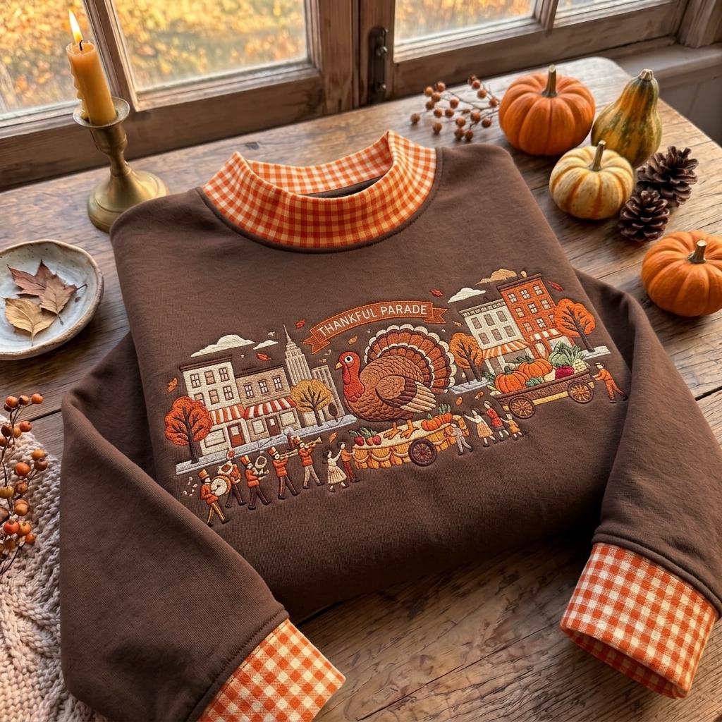Thanksgiving Turkey Gingham Mock Neck HFN Sweatshirt, Cute Fall Parade Embroidered Sweater, Green Checkered Collar Holiday Pullover