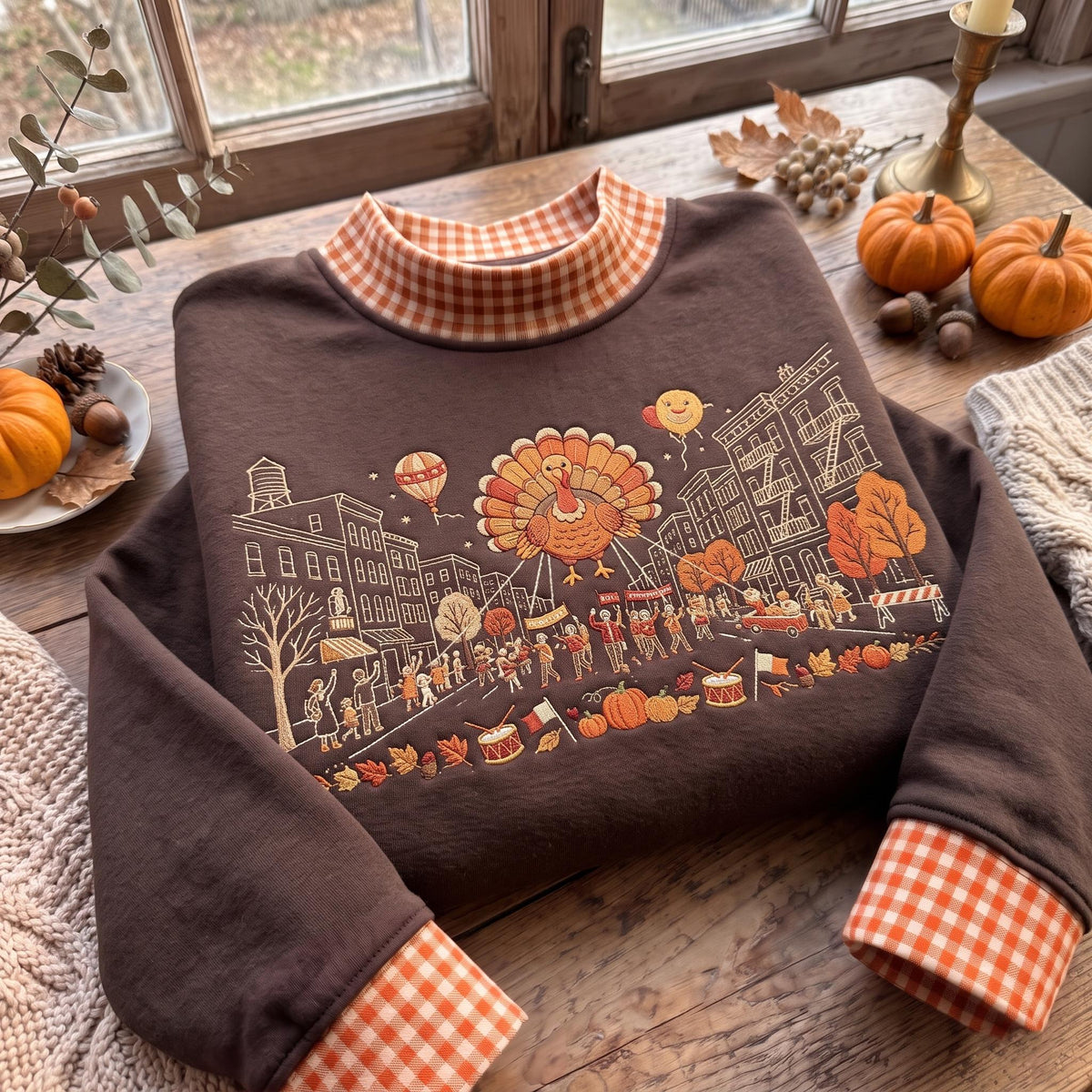 Thanksgiving Turkey Gingham Mock Neck HFN Sweatshirt, Cute Fall Parade Embroidered Sweater, Fall Holiday Pullover