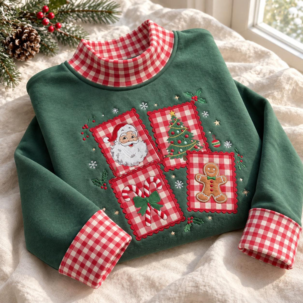 Christmas Gingham Mock Neck HFN Sweatshirt, Santa Tree Gingerbread Applique, Vintage Christmas Patchwork Embroidered Pullover