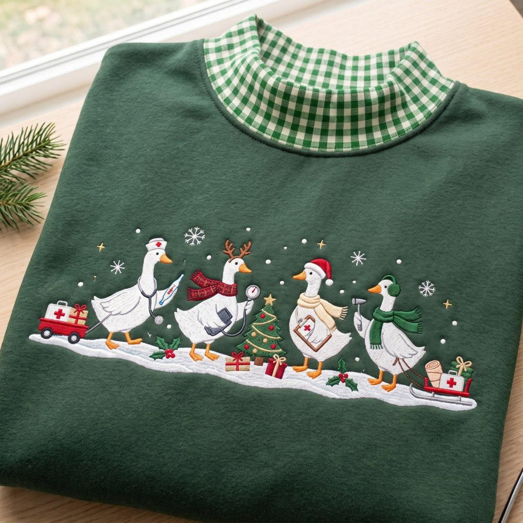 Christmas Goose Gingham Mock Neck HFN Sweatshirt, Embroidered Nurse Goose Holiday Sweater, Cute Medical Christmas Crewneck