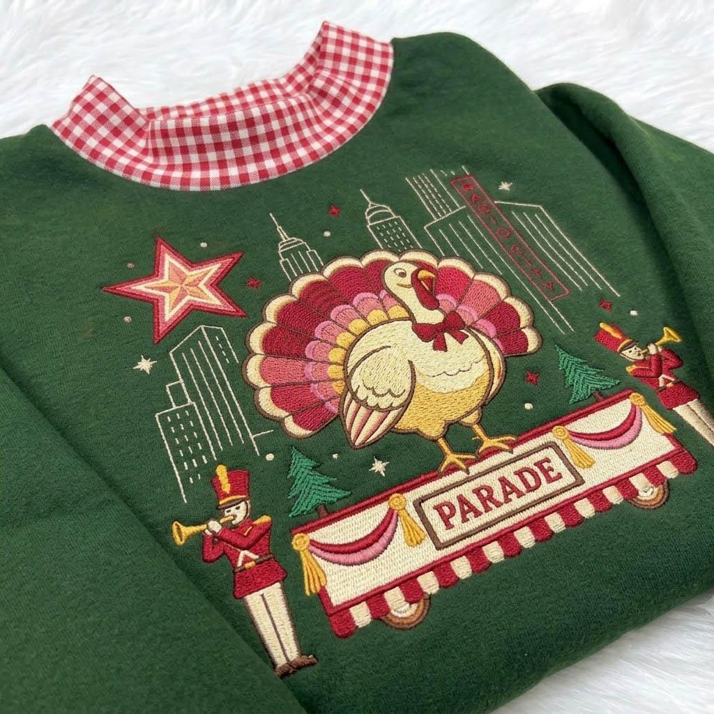 Thanksgiving Parade Gingham Mock Neck HFN Sweatshirt, Embroidered Turkey Float and NYC Skyline, Vintage Holiday Sweater