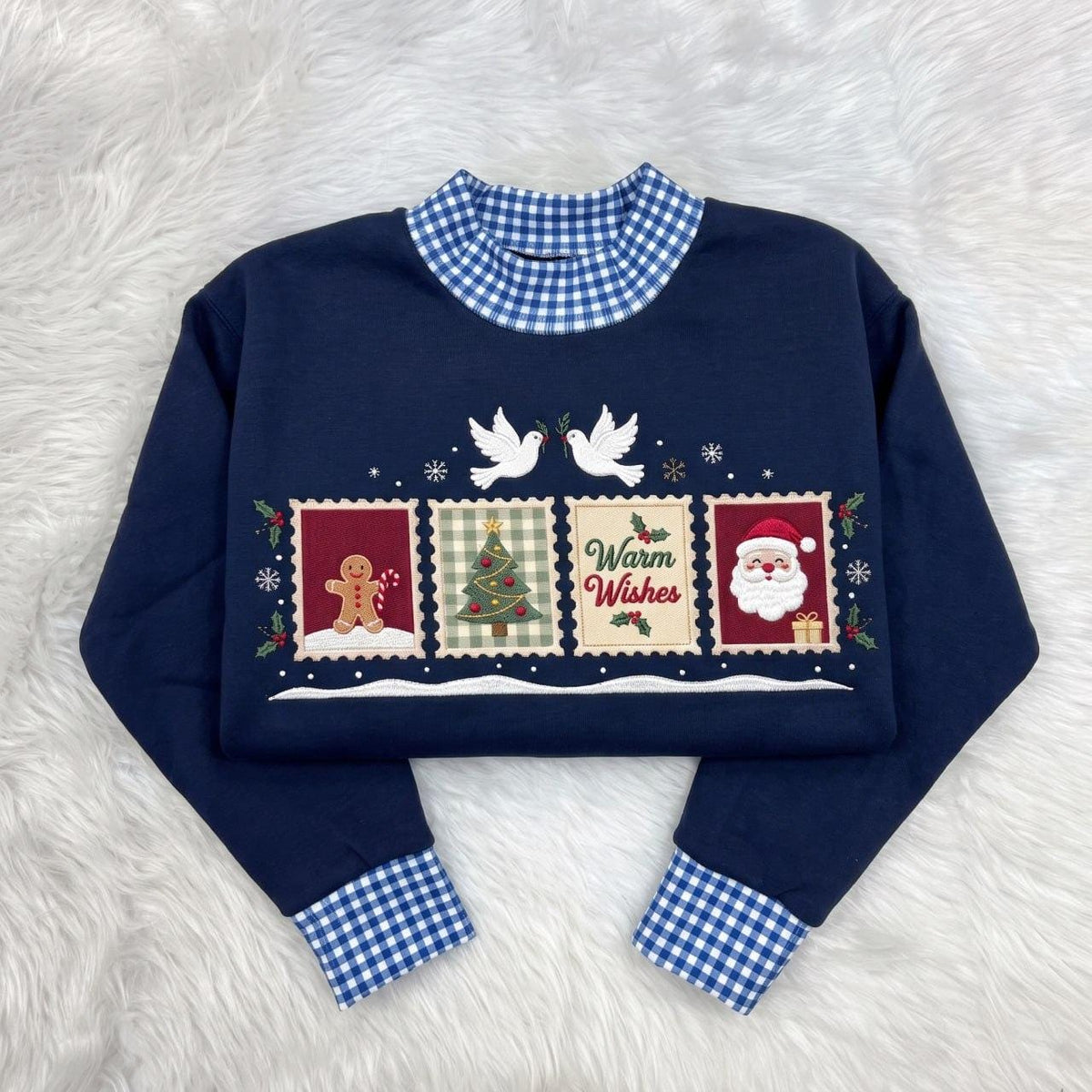 Gingham Mock Neck HFN Sweatshirt, Christmas Embroidered Postage Stamps, Vintage Santa and Gingerbread Holiday Sweater