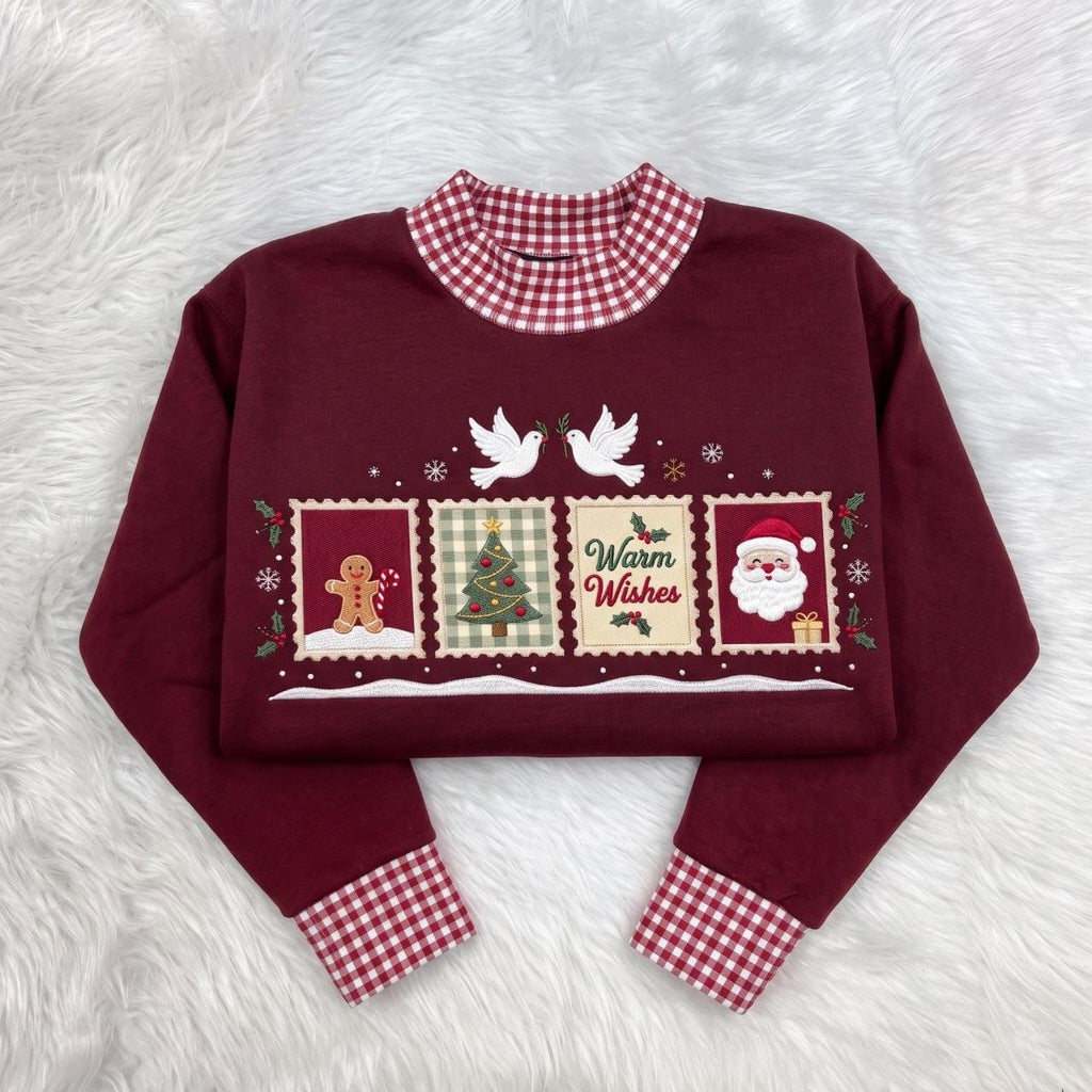 Gingham Mock Neck HFN Sweatshirt, Christmas Embroidered Postage Stamps, Vintage Santa and Gingerbread Holiday Sweater