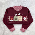 Gingham Mock Neck HFN Sweatshirt, Christmas Embroidered Postage Stamps, Vintage Santa and Gingerbread Holiday Sweater