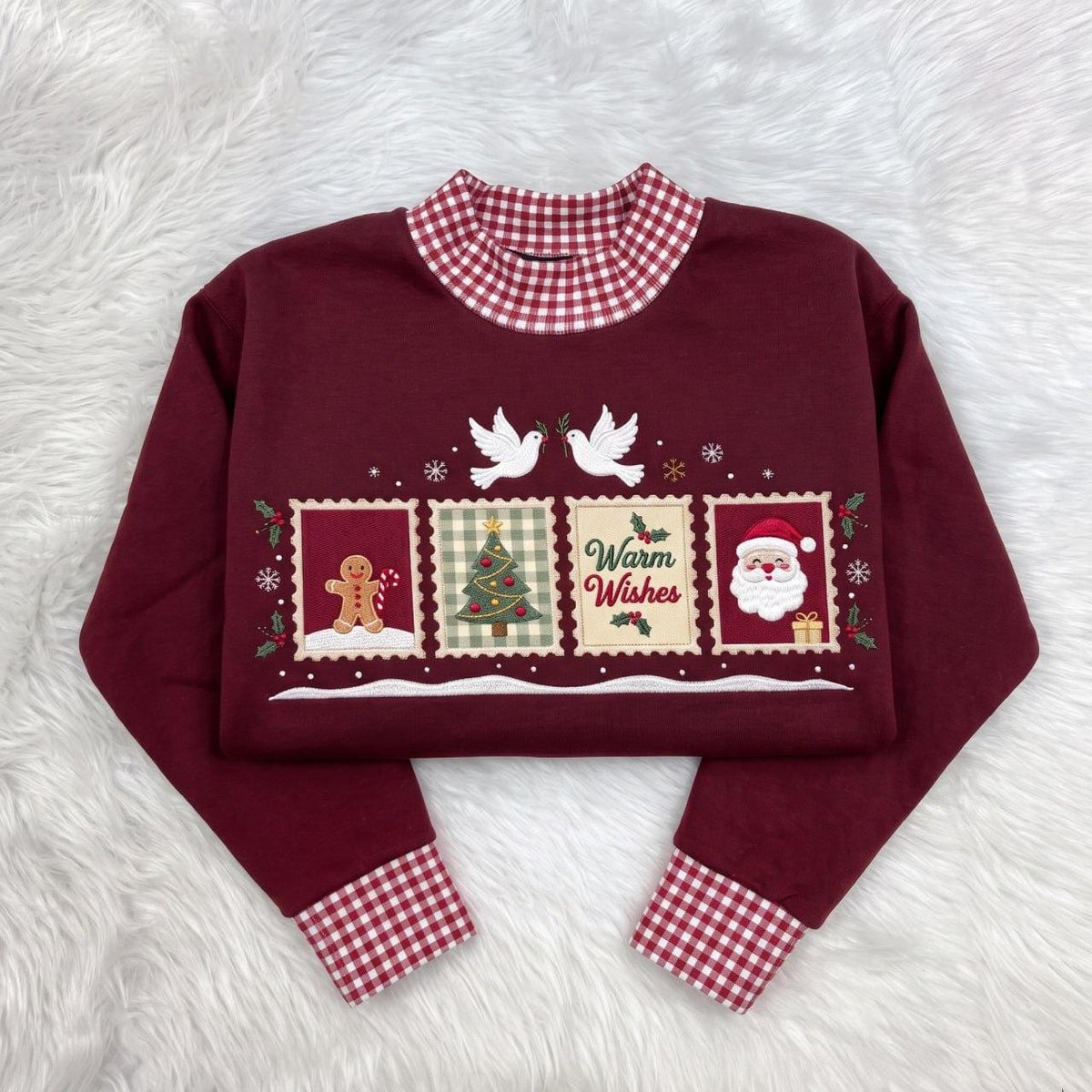 Gingham Mock Neck HFN Sweatshirt, Christmas Embroidered Postage Stamps, Vintage Santa and Gingerbread Holiday Sweater