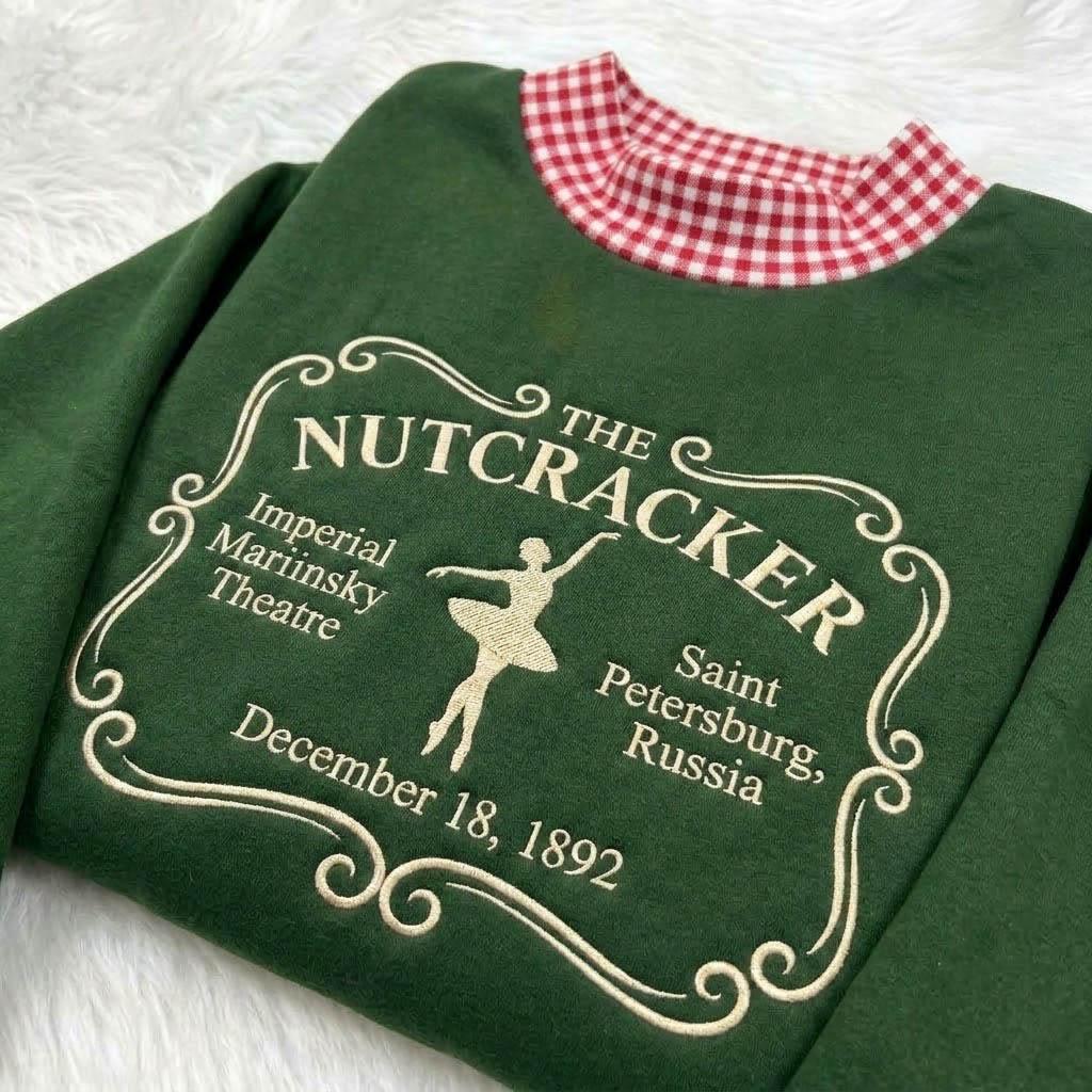 The Nutcracker Gingham Mock Neck HFN Sweatshirt, Vintage Ballet Embroidered Christmas Sweater, Classic Holiday Theatre Crewneck