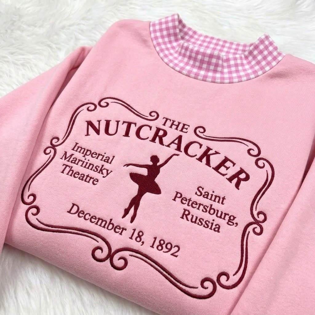 The Nutcracker Gingham Mock Neck HFN Sweatshirt, Vintage Ballet Embroidered Christmas Sweater, Classic Holiday Theatre Crewneck