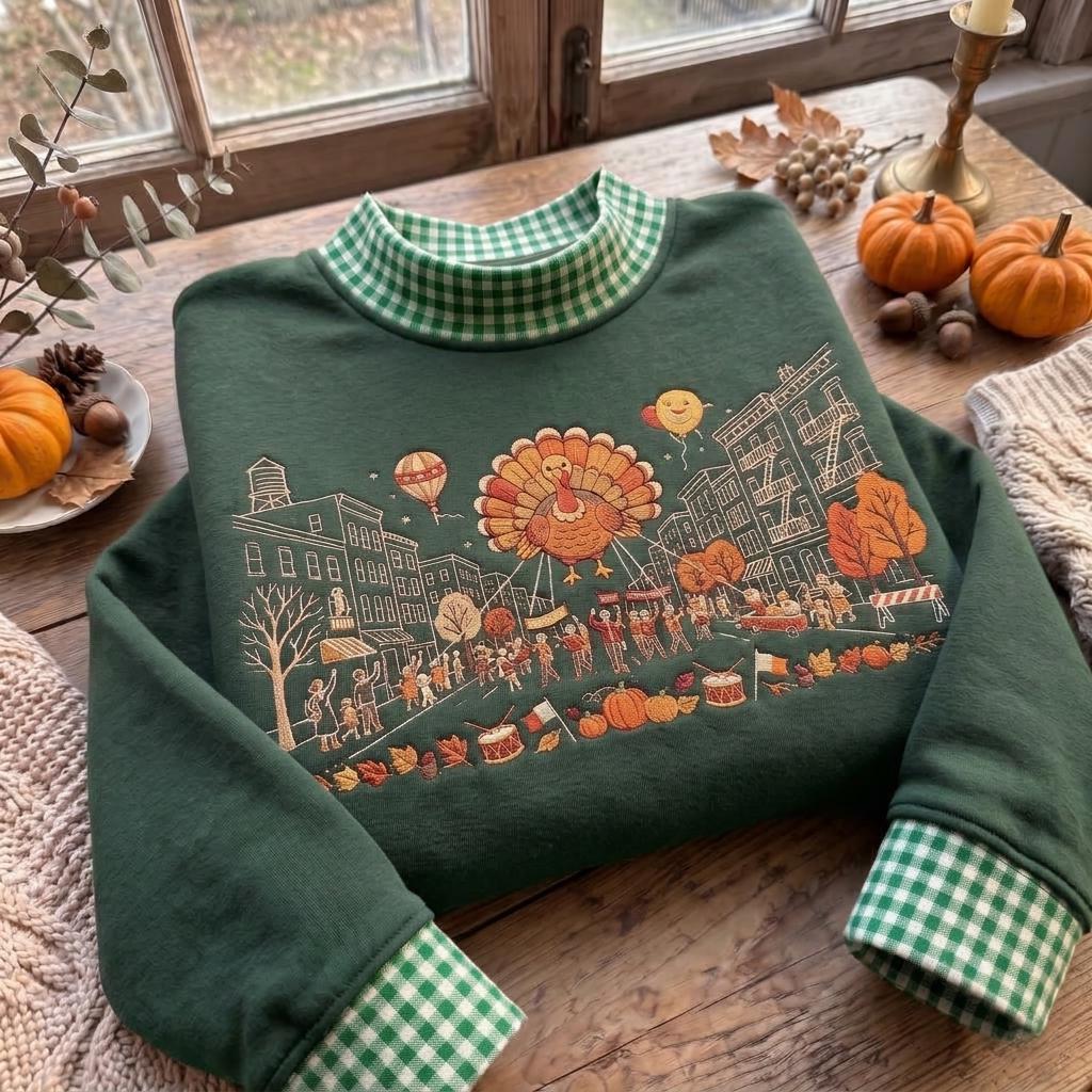 Thanksgiving Turkey Gingham Mock Neck HFN Sweatshirt, Cute Fall Parade Embroidered Sweater, Fall Holiday Pullover