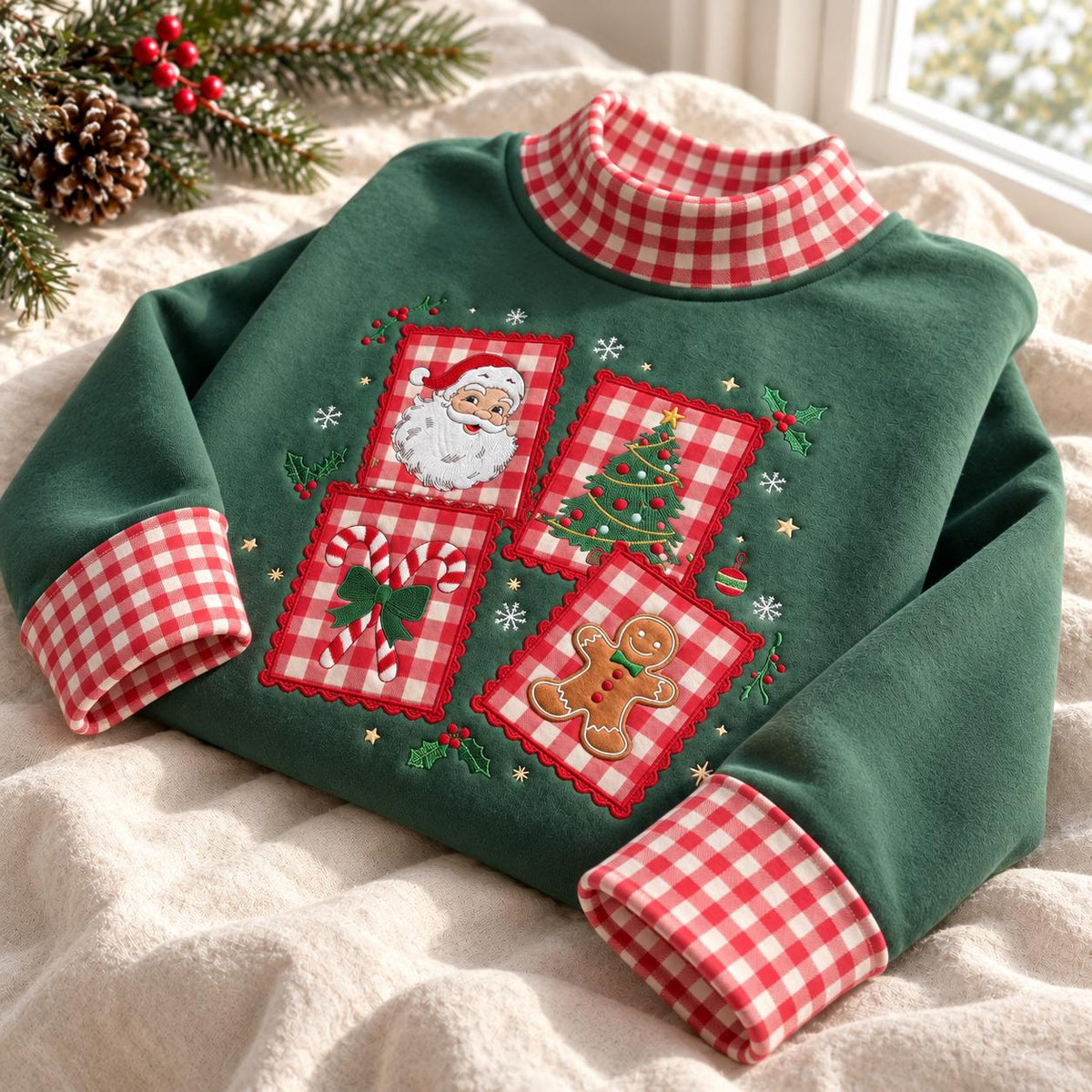Christmas Gingham Mock Neck HFN Sweatshirt, Santa Tree Gingerbread Applique, Vintage Christmas Patchwork Embroidered Pullover