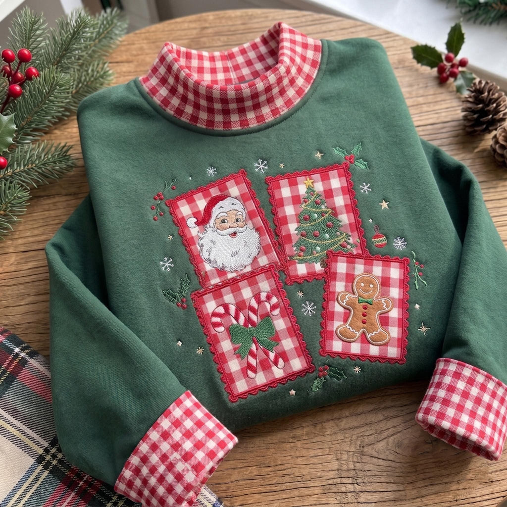 Christmas Gingham Mock Neck HFN Sweatshirt, Santa Tree Gingerbread Applique, Vintage Christmas Patchwork Embroidered Pullover