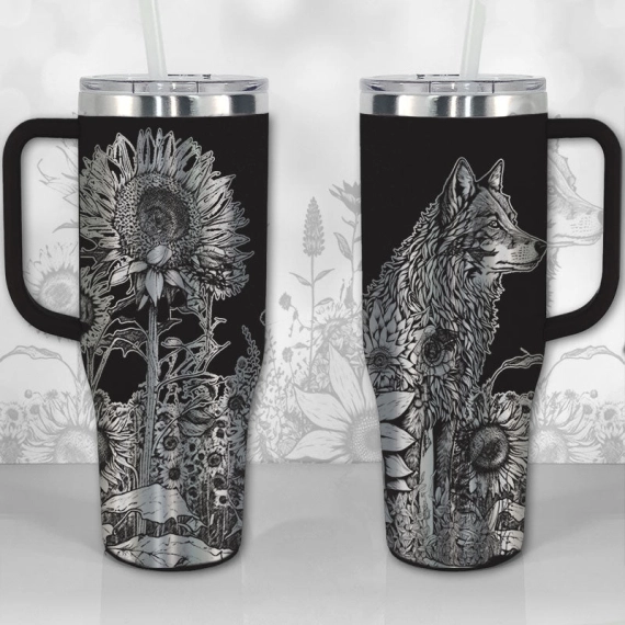 Wolf and Sunflowers  30oz or 40oz Tumbler with Handle, Best Gifts NVA