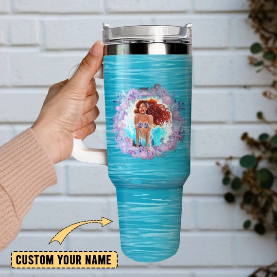 Ariel Little Mermaid Disney Cartoon Custom  Quencher 30oz or 40oz Stainless Steel Tumbler With Handle,  Best gifts for Friend Family NVA