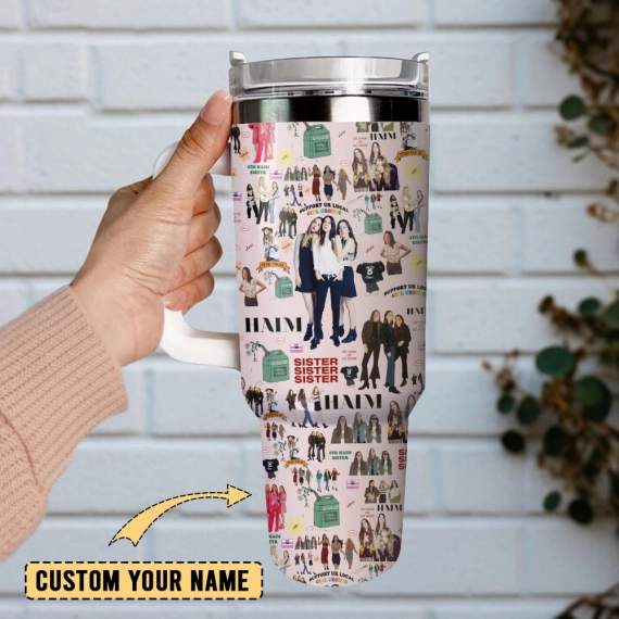 Haim Sisters Rock Band Custom  Quencher 30oz or 40oz Stainless Steel Tumbler With Handle,  Best gifts for Friend Family NVA