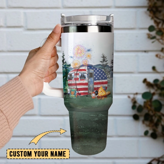 USA Trailer Watercolor Custom  Quencher 30oz or 40oz Stainless Steel Tumbler With Handle, Best gist for Friend Family NVA