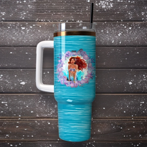 Ariel Little Mermaid Disney Cartoon Custom  Quencher 30oz or 40oz Stainless Steel Tumbler With Handle,  Best gifts for Friend Family NVA