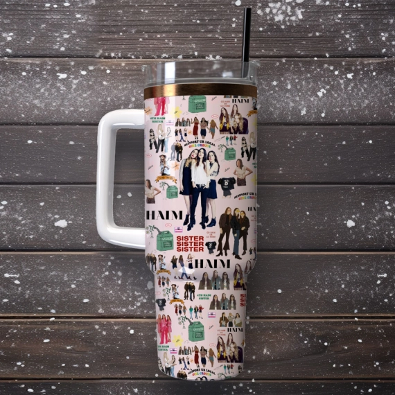 Haim Sisters Rock Band Custom  Quencher 30oz or 40oz Stainless Steel Tumbler With Handle,  Best gifts for Friend Family NVA