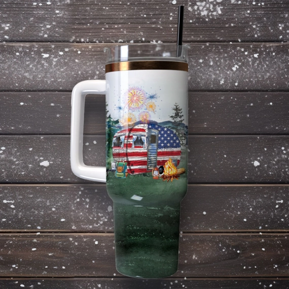 USA Trailer Watercolor Custom  Quencher 30oz or 40oz Stainless Steel Tumbler With Handle, Best gist for Friend Family NVA