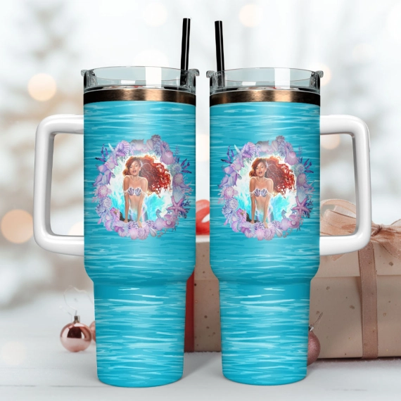 Ariel Little Mermaid Disney Cartoon Custom  Quencher 30oz or 40oz Stainless Steel Tumbler With Handle,  Best gifts for Friend Family NVA