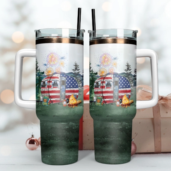 USA Trailer Watercolor Custom  Quencher 30oz or 40oz Stainless Steel Tumbler With Handle, Best gist for Friend Family NVA