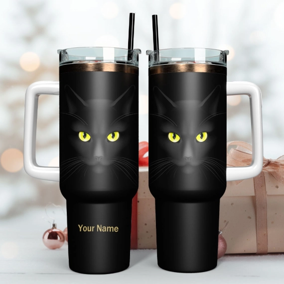 Black Cat Artwork Custom Stanley Quencher 30oz or 40oz Stainless Steel Tumbler With Handle HG