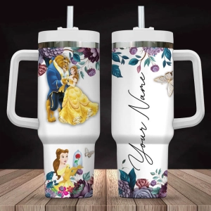 Custom Name Beauty And The Beast Flower 40Oz Tumbler With Handle And Straw Lid Personalized 30oz or 40 Oz HG