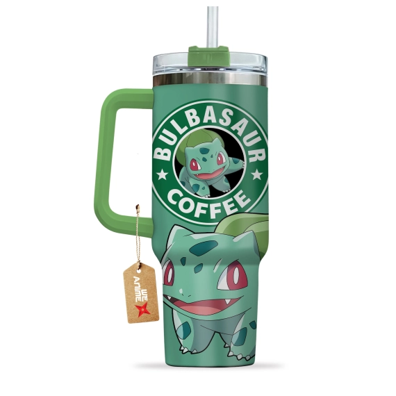 Bulbasaur Coffee Pokemon Anime Custom 30oz or 40oz Quencher Stainless Steel Tumbler With Handle, Best Gift Idea NVA