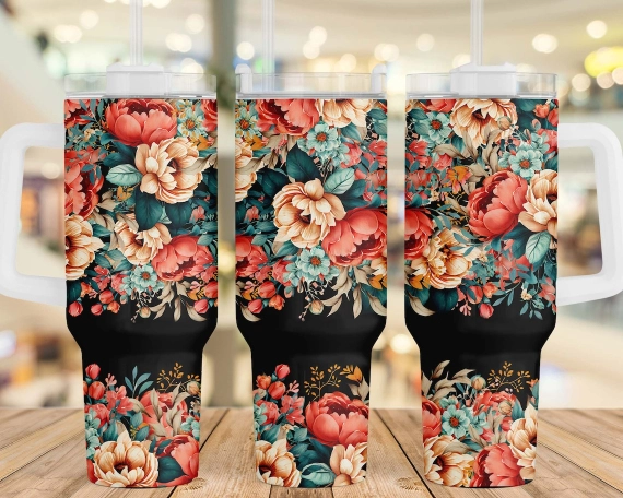 30oz or 40oz Tumbler with Handle  Watercolor Boho Flowers Mother's Day Gift Boho Floral Tumbler Gift For Her Him Birthday Gift LN