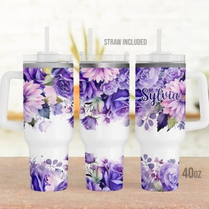 Purple Flowers Personalized Floral  30oz or 40oz Tumbler with Handle, Gift for Her HG