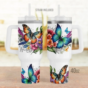 Butterfly Lovers Personalized, Custom Floral Blue Butterfly  30oz or 40oz Tumbler with Handle, Gift for Her HG