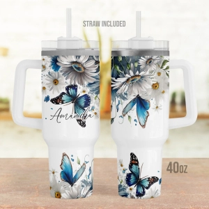 Butterfly And Daisy Personalized, Custom Floral Blue Butterfly  30oz or 40oz Tumbler with Handle, Gift for Her HG