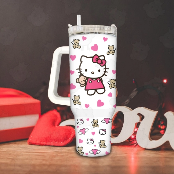 Valentine Cartoon Hello Kitty Teddy 30oz or 40oz Tumbler, Gift Valentine Tumbler, Valentine Movie 40oz Quencher Tumbler Fan Gift HFN