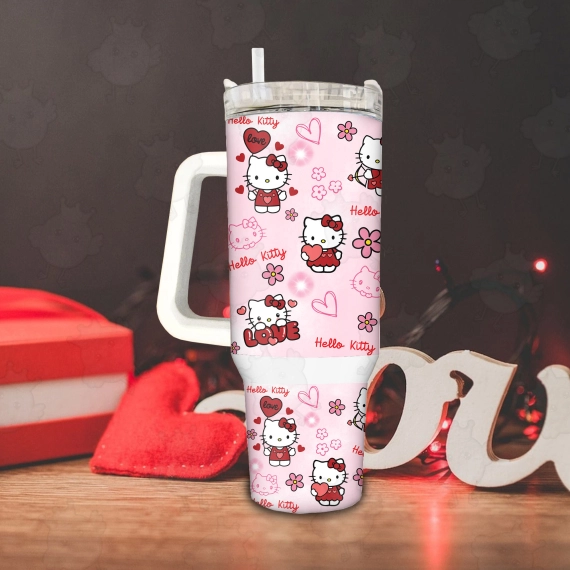 Mini Cute Hello Kitty Pink Cat Tumbler 30 or 40 oz Valentine Movies Fan Gift, Pink Valentine 40oz Quencher Tumbler, Valentine Cartoon 40oz Tumbler Fan Gift HFN