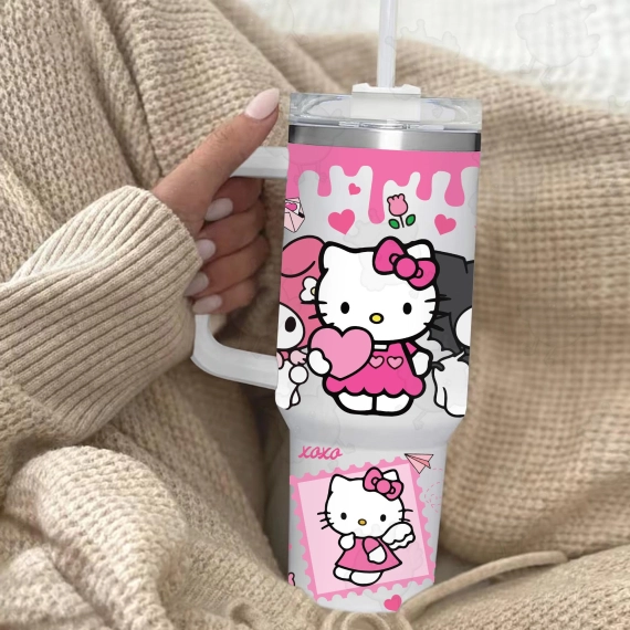 Hello Kitty and Friends Melody Kuromi Pink Cat Tumbler, Valentine Movies , Valentine Cartoon 30oz or 40oz Tumbler, Pink Valentine 40oz Quencher Tumbler HFN