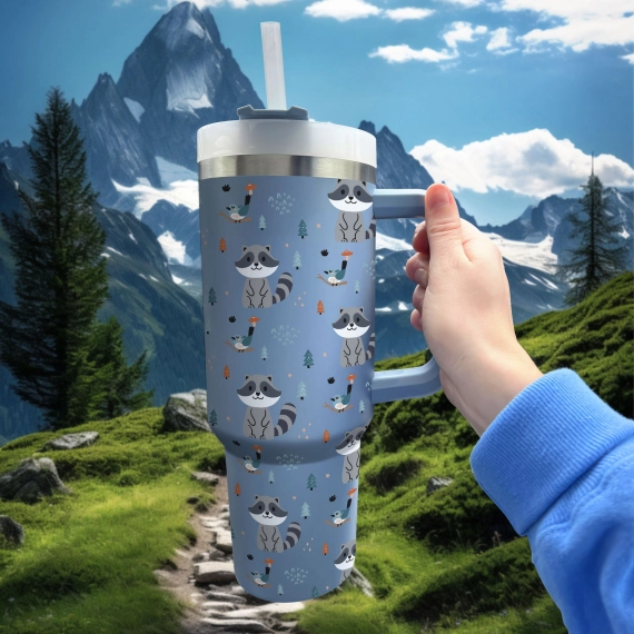 Bird Racoon Tumbler 30oz or 40oz With Handle, Forest Pattern 30oz or 40oz Tumbler, Woodland Animal Tumbler 30oz or 40oz, Stainless Steel Tumbler, Insulated Tumbler HFN