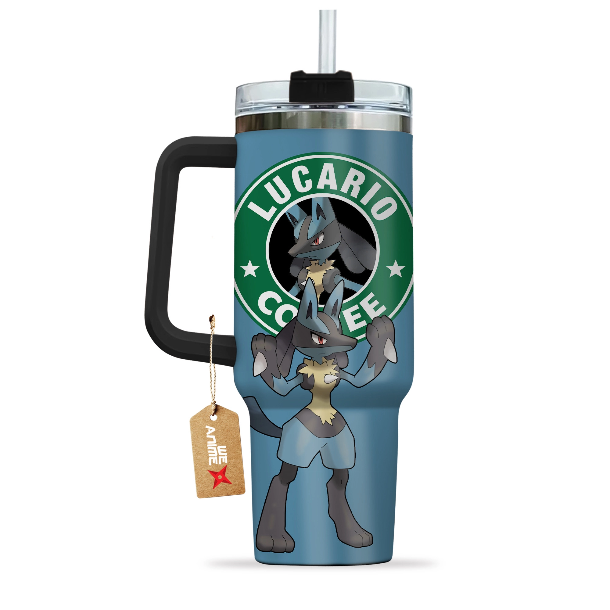 Lucario Coffee Pokemon Anime Custom 30oz or 40oz Quencher Stainless Steel Tumbler With Handle, Best Gift Idea NVA