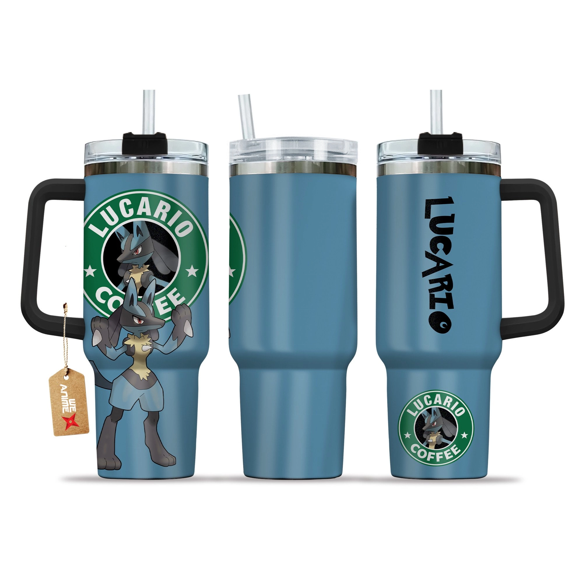 Lucario Coffee Pokemon Anime Custom 30oz or 40oz Quencher Stainless Steel Tumbler With Handle, Best Gift Idea NVA