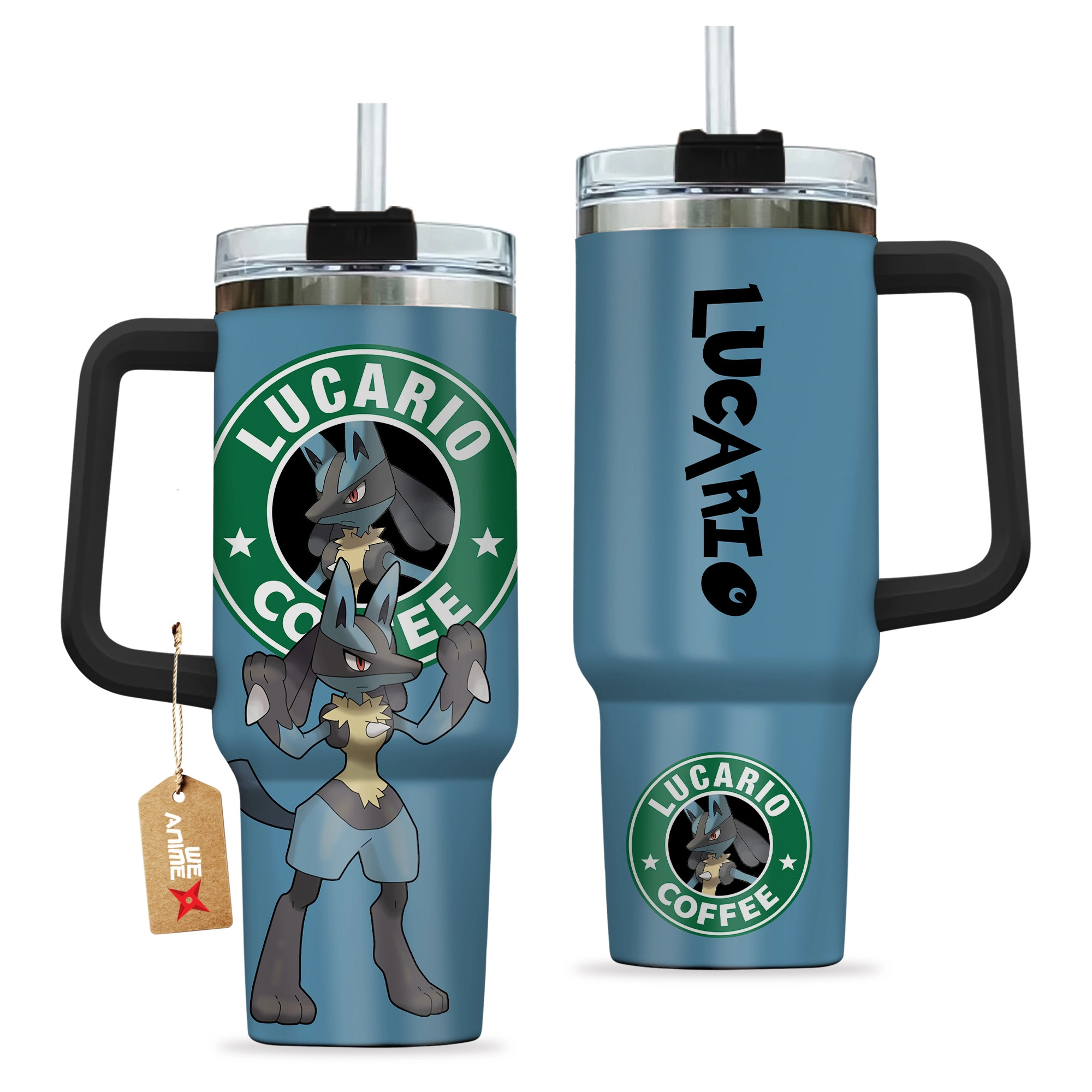 Lucario Coffee Pokemon Anime Custom 30oz or 40oz Quencher Stainless Steel Tumbler With Handle, Best Gift Idea NVA