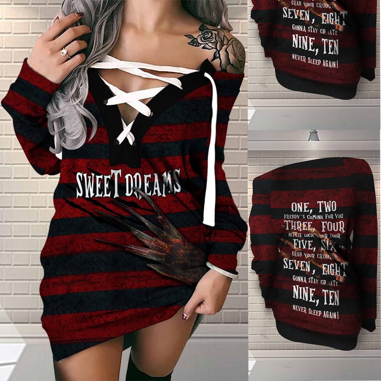 Halloween Gifts Freddy Krueger Sweet Dream With Hand Horror Movie V-neck Off Shoulder Long Sleeve Dress HG