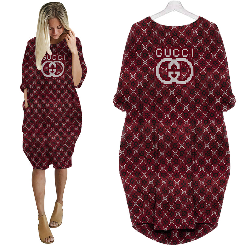gc1 Designer Brand Gift For gc1 Lover Red Luxury Pattern Batwing Pocket Dress HG Hot Gifts For Women HG