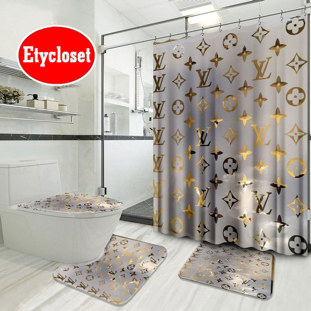 LV2 LV Bathroom Set Luxury Shower Curtain Bath Rug Mat Home Decor HT
