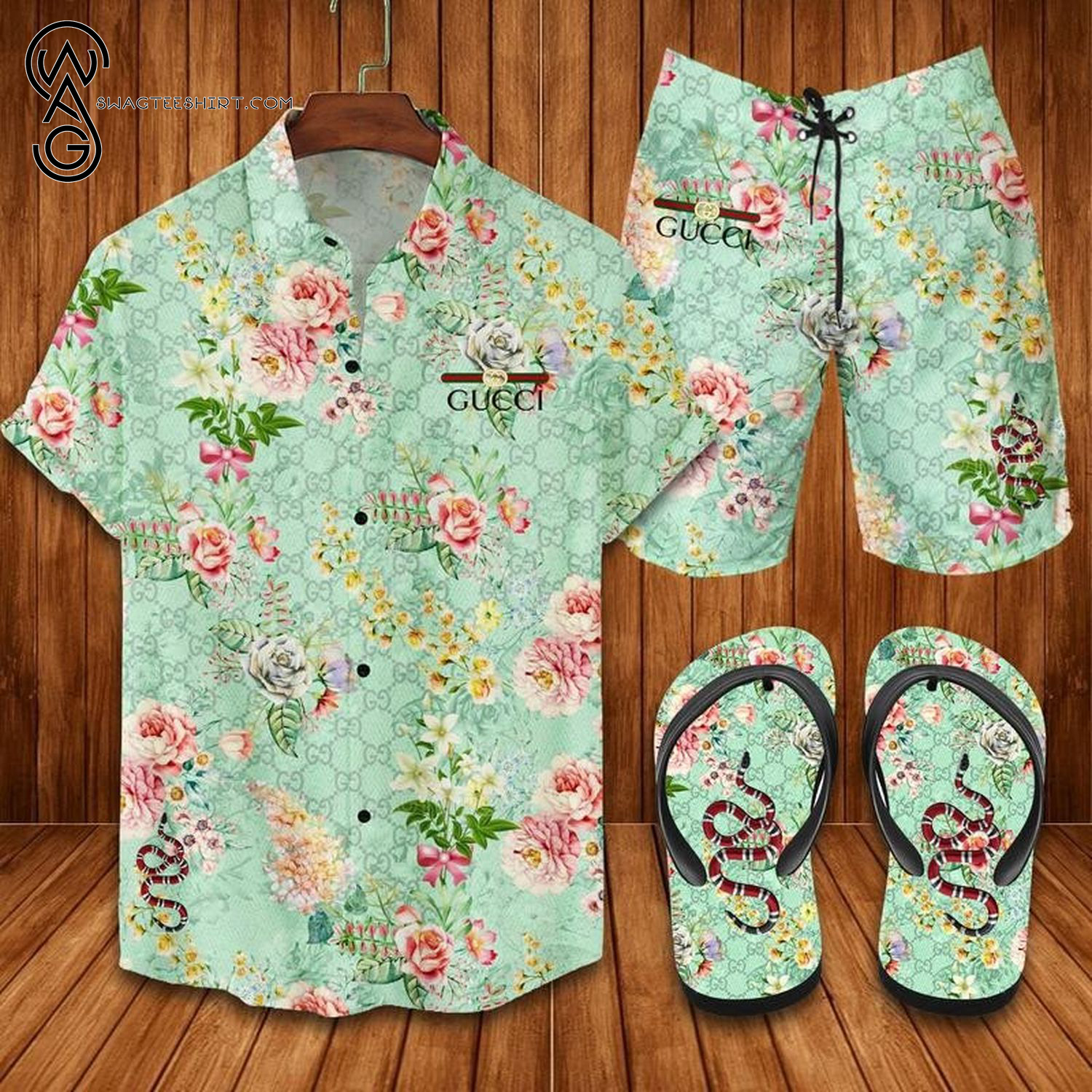 gc1 Snake Floral All Over Print Luxury Brand Hawaiian Shirt And Shorts Or Flip flops HG